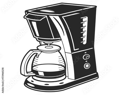 Illustration of a coffee maker with a glass carafe and water level indicator on the side panel