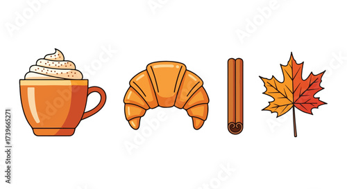 Autumn Coffee Break Pumpkin Spice Latte Croissant Cinnamon Stick and Maple Leaf Icons Fall Season Treat Collection