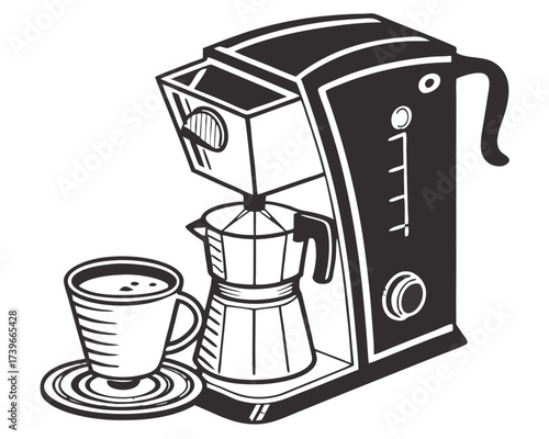 Illustration of a coffee maker with a moka pot and a cup of coffee, all in black and white drawing style
