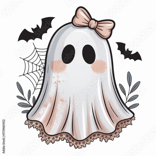Cute Ghost Girl Halloween Bow Spiderweb vector illustration