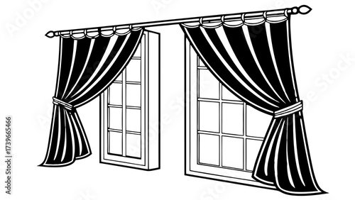 Illustration of two windows with black and white curtains tied back on a curtain rod with finials
