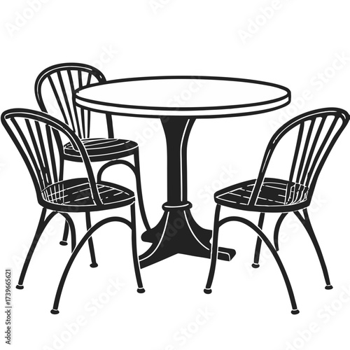 Illustration of a round table with a pedestal base surrounded by three chairs in black and white style