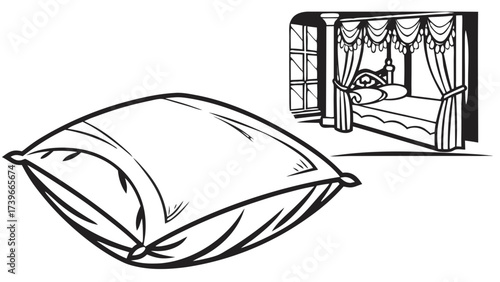 Illustration featuring a detailed pillow and a four poster bed in a room with a window scene