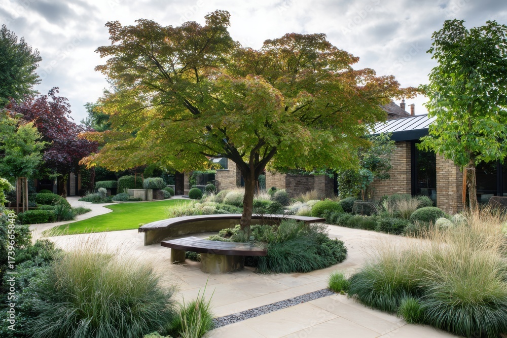 Fototapeta premium Beautiful urban garden with a vibrant tree and serene pathways in the late afternoon sun, creating a peaceful retreat with natural elements and artistic landscaping
