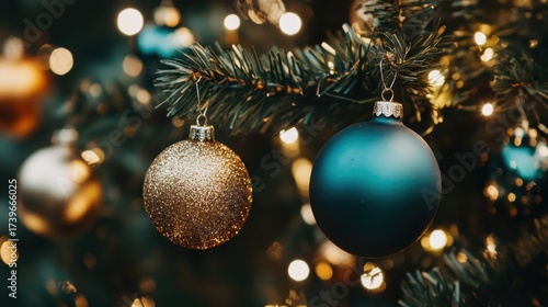 Christmas Tree with Golden and Blue Ornament Decorations