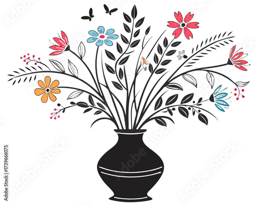A decorative vase filled with colorful flowers leaves and berries with two butterflies flying above it