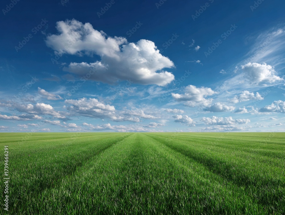Obraz premium Vast green field under a bright blue sky with scattered clouds