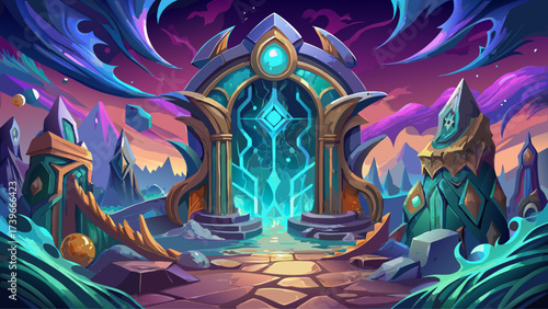 Close-up of celestial fantasy gate surface, glowing textures, surreal aura, magical details, dreamlike mystical environment, imaginative illustration, epic design, enchanted close-up artwork, mysterio