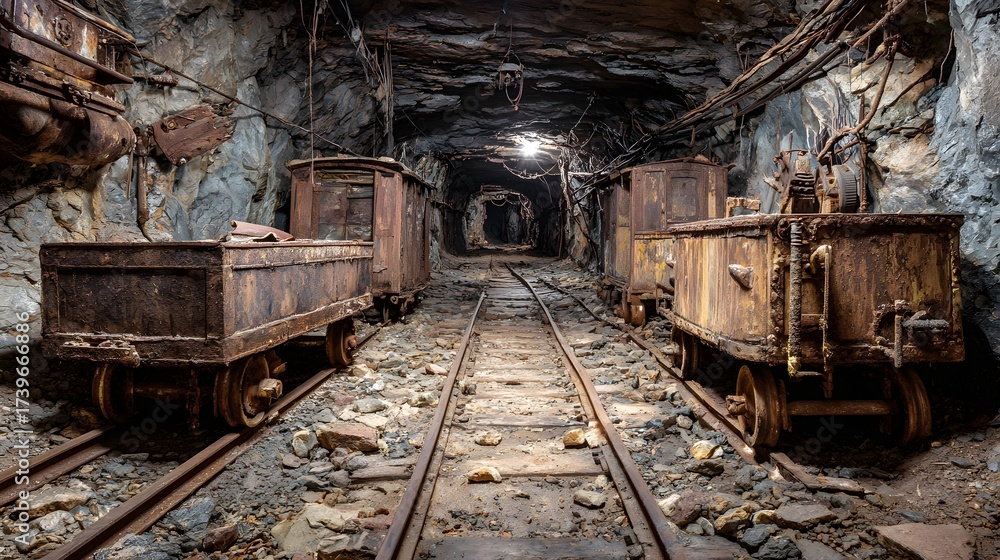 Naklejka premium Dilapidated mine carts sit on rusty tracks within a dark and ominous tunnel, illustrating a sense of abandonment, the aged wooden wagons display weathered surfaces.