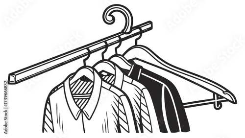 Illustration of several shirts hanging on wooden hangers from a metal rod in black and white style