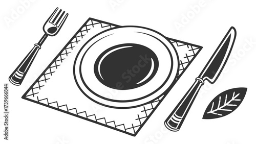 Illustration of a plate on a placemat with a fork knife and leaf in black and white line drawing style