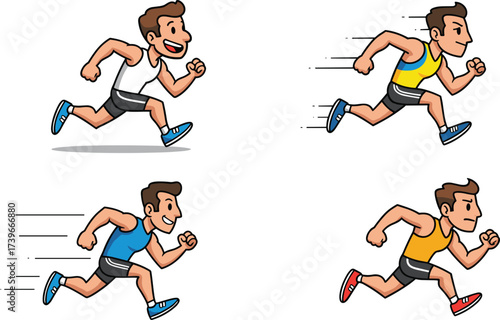 Cartoon male runners in sports clothes sprinting with speed and energy, athletic men running race, competition, fitness training, workout illustration