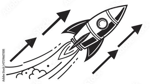 Illustration of a rocket launching upwards with arrows indicating direction and smoke trails behind it