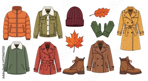 Cozy Autumn Fashion Collection Essential Outerwear Boots Mittens and Fall Leaves Illustration