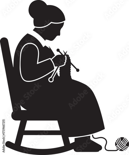 Silhouette of Elderly Woman Knitting in Rocking Chair Illustration