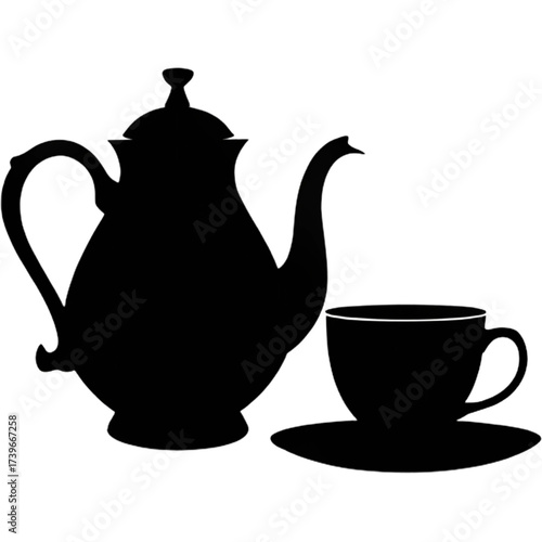 Silhouette of a teapot with a cup and saucer arranged in a simple and elegant still life composition