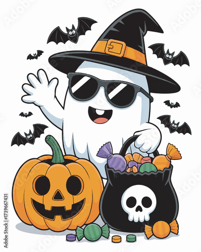 Halloween Ghost With Candy And Pumpkin trick or treat