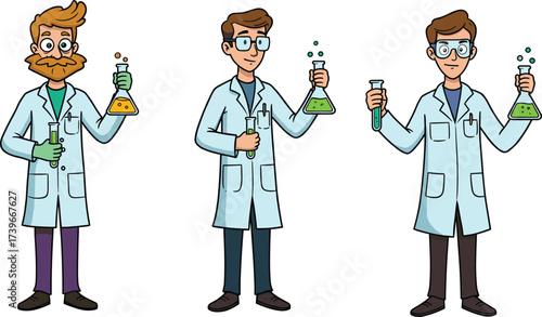 Cartoon male scientist characters wearing lab coat with glasses holding chemical flasks, laboratory experiment, science research illustration, chemistry analysis design