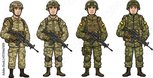 Cartoon male soldiers in camouflage uniform, armed army men with rifles, military fighters, defense warriors, battle ready, protection, security illustration