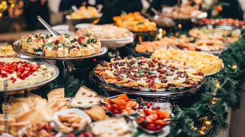 A festive holiday party buffet table full of delicious food