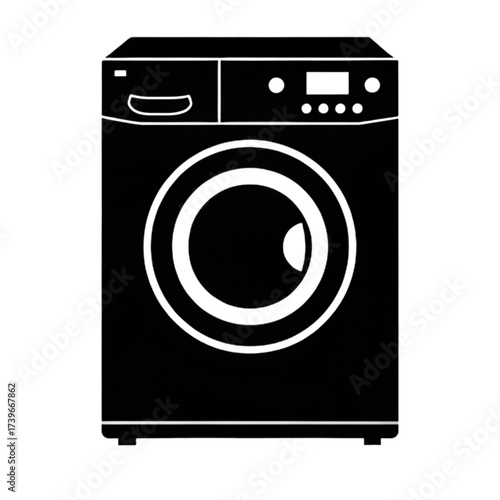 A black and white illustration of a front loading washing machine with a round door and control panel design