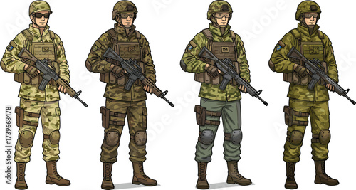 Cartoon male soldiers in camouflage uniform, armed military men characters, combat training, defense, security, army fighters, protection, warrior illustration