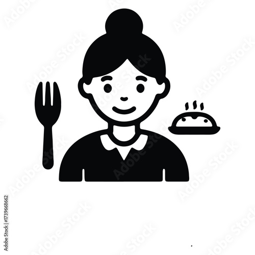 Black and White Icon of a Waitress with Food Service