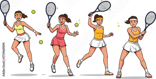 Cartoon tennis girls in sports outfits playing with rackets and balls, female athletes performing action moves, competitive match illustration design