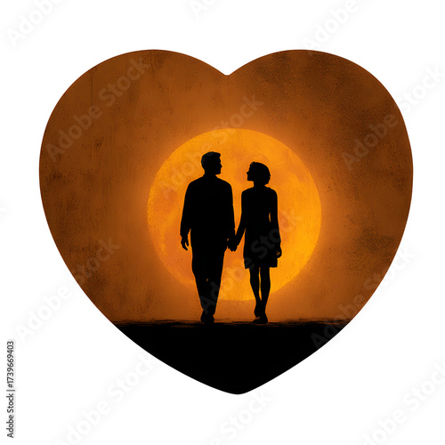 Couple silhouetted within a heart shape isolated on transparent background