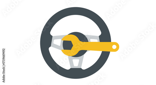 Automotive repair emblem featuring steering wheel and wrench, concept for vehicle maintenance and