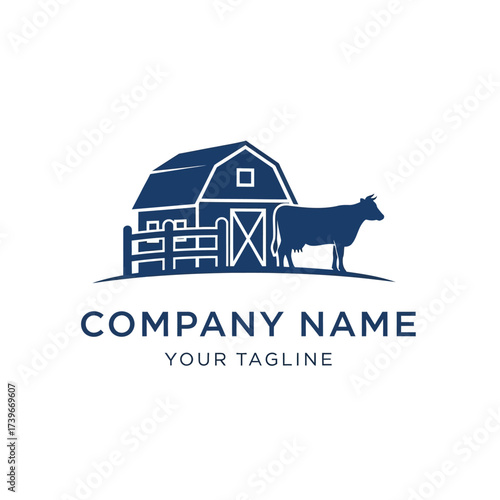 Farm logo design with a blue barn, fence, and cow silhouette for an agricultural business.