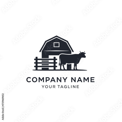 A minimalist black and white logo featuring a barn, a fence, and a cow, suitable for a farm or agricultural business.
