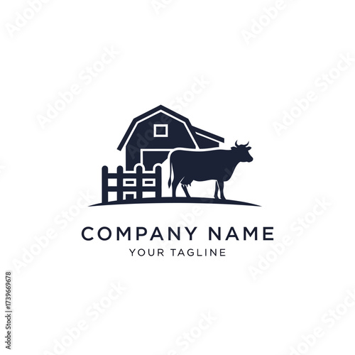 Silhouette of a barn, fence, and cow, representing a farm or agricultural business logo.