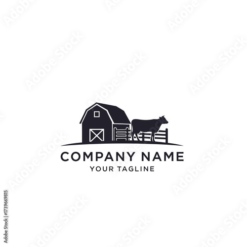 A black and white logo featuring a barn, a fence, and a cow, with placeholder text for a company name and tagline, representing a farm or agricultural business.