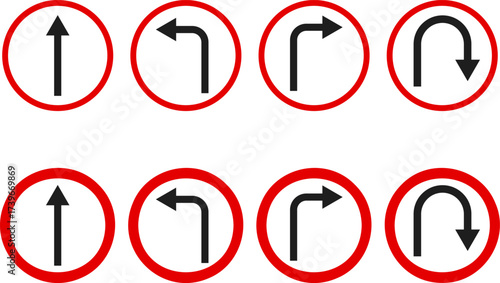 Road sign arrow set. go straight, turn left, turn right, u turn direction sign. traffic direction symbol. Directional arrow road safety