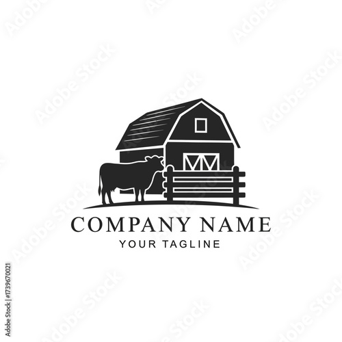 A classic black and white farm logo featuring a cow standing next to a wooden fence in front of a traditional barn.