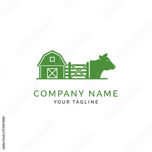 A simple green farm logo featuring a barn, a wooden fence, and a cow's head, suitable for an agricultural business.