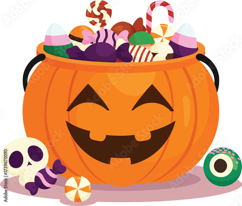 Halloween Pumpkin Bucket Full of Sweets and Candies Stock Illustration
