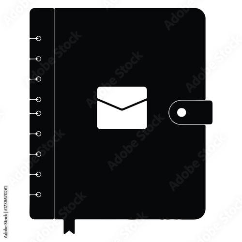 Black notebook with white envelope icon and secure closure design