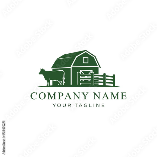 Green farm logo with barn, fence, and cow silhouette.