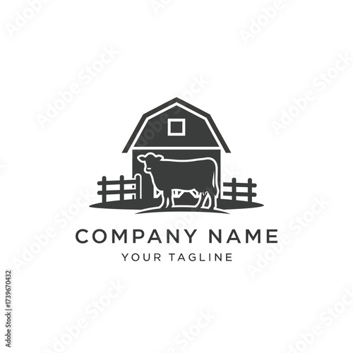 A simple black and white logo featuring a cow silhouette in front of a classic barn and fence, representing a farm or agricultural business.