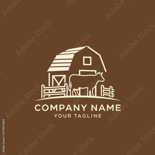A rustic farm logo featuring a barn, a cow, and a fence in a simple line art style.