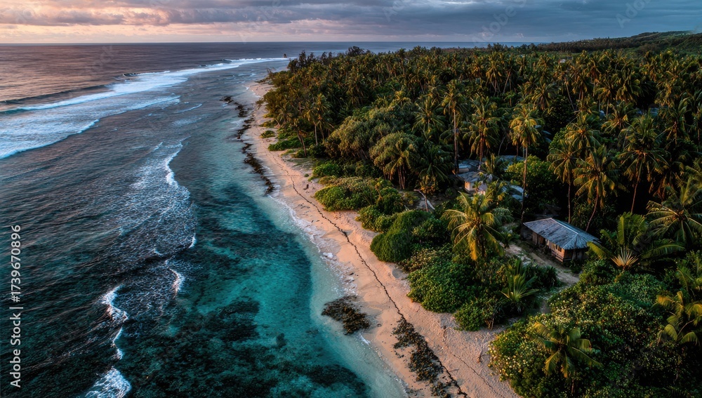 Fototapeta premium Aerial view captures a beach with crashing waves, coastline, and lush green tropical forest