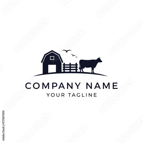 A minimalist black silhouette logo of a farm scene with a barn, cow, and fence, suitable for an agricultural business.