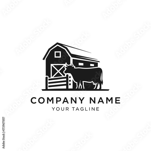 Black and white logo featuring a barn, a cow, and a fence, representing a farm or agricultural business.