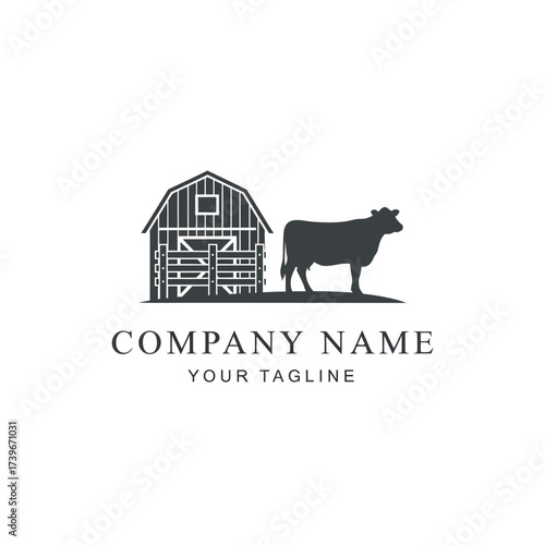 A silhouette logo featuring a barn and a cow, suitable for a farm or agricultural business.