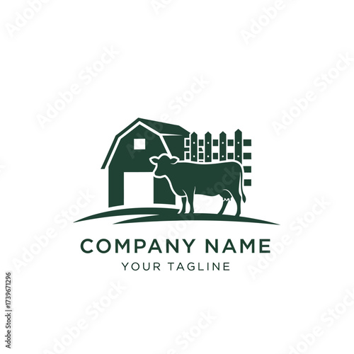 Farm logo featuring a barn, fence, cow silhouette, and company name with tagline.