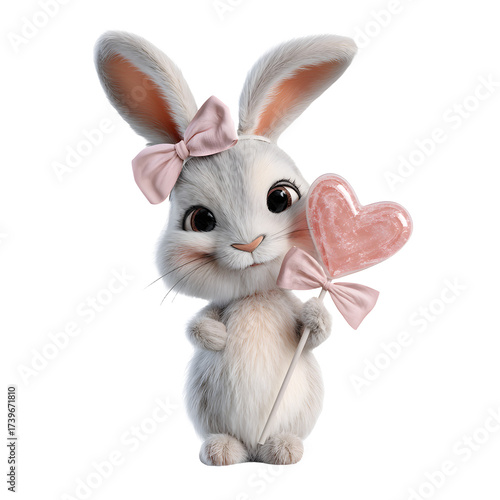 Cute bunny with heart-shaped lollipop isolated on transparent background