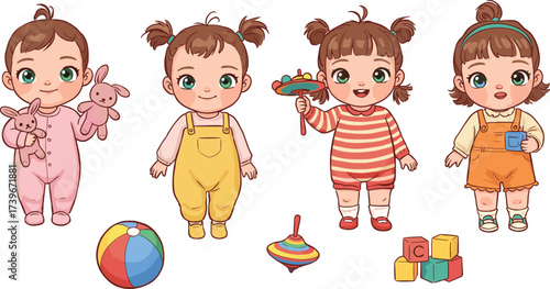 Cute cartoon babies, children playing with toys, toddler character illustration, happy kids in colorful clothes, childhood activity, infant drawing design, childcare concept