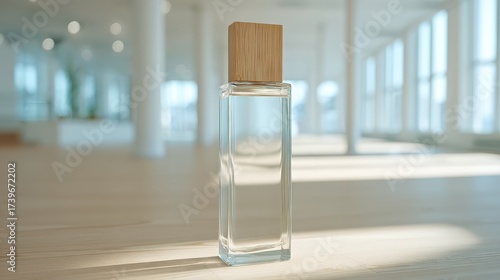 A Minimalist Glass Perfume Bottle with a Wooden Cap